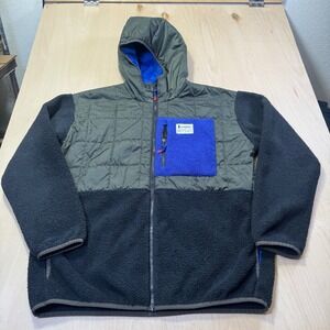 Cotopaxi Fleece Lined Quilted Jacket Hoodie Men's L Black Blue Company Logo